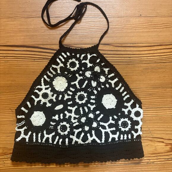 Zara black white floral crochet knit lined cropped halter top SIZE S - Picture 1 of 5